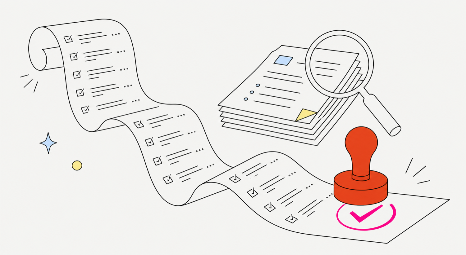 A long receipt of checked-off sources, a magnifying glass over a stack of documents, and a verified stamp
