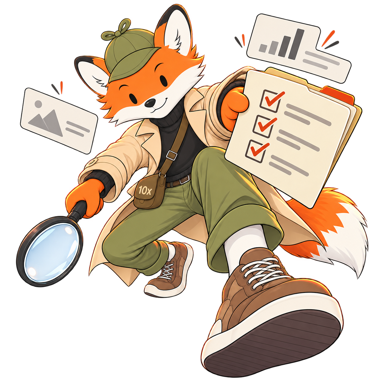 The 10x fox presents a checked case file, magnifying glass at the ready.