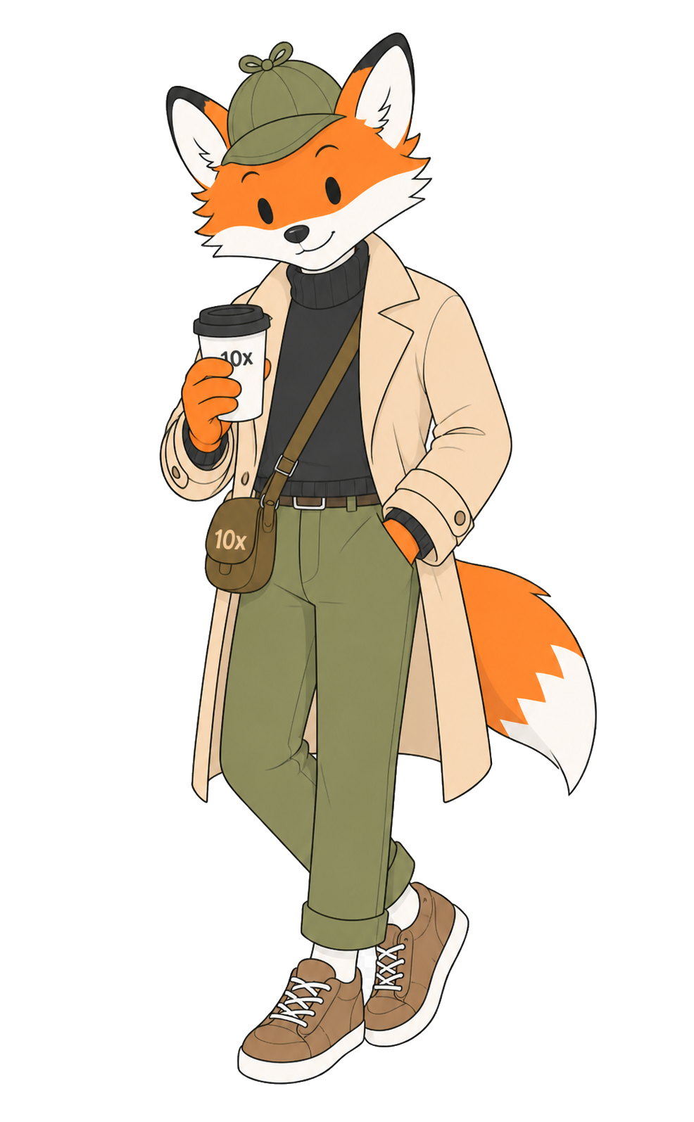 The 10x detective fox, coffee in hand, off the clock on the open-source shelf.