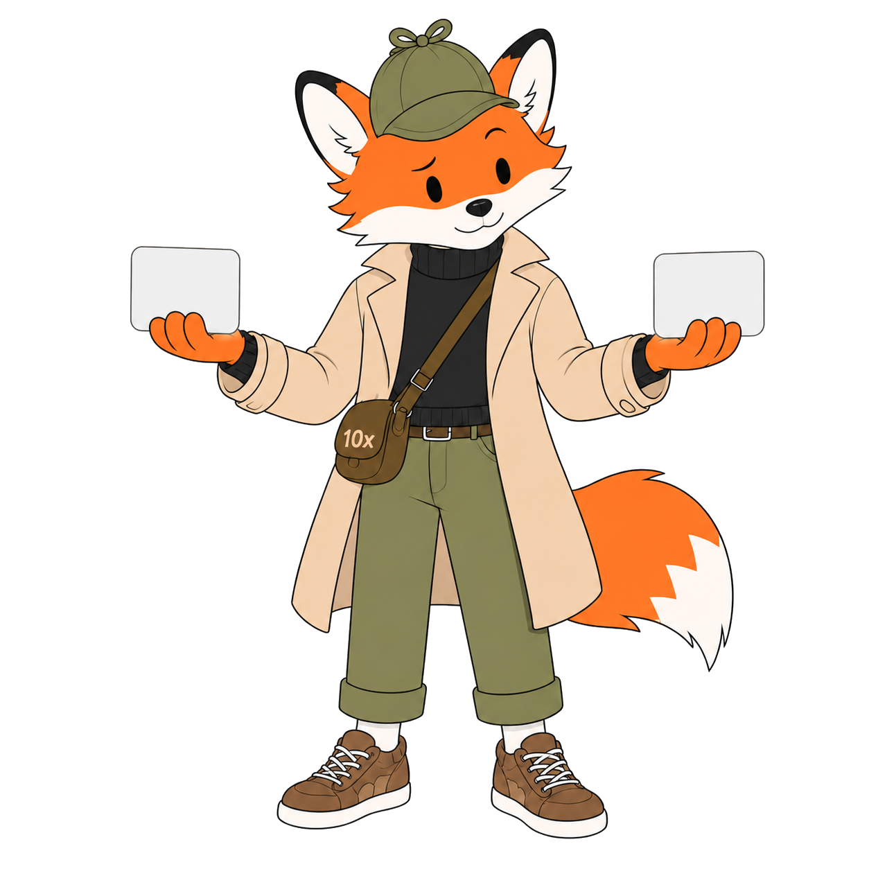 The 10x detective fox weighing two tools against each other, one in each hand.