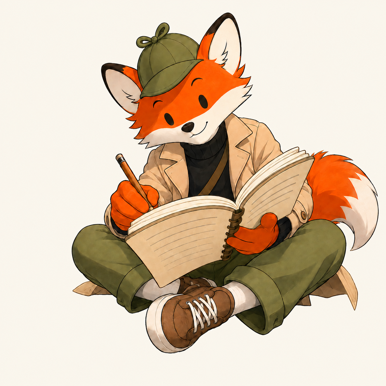 The 10x fox writes field notes in an open notebook.