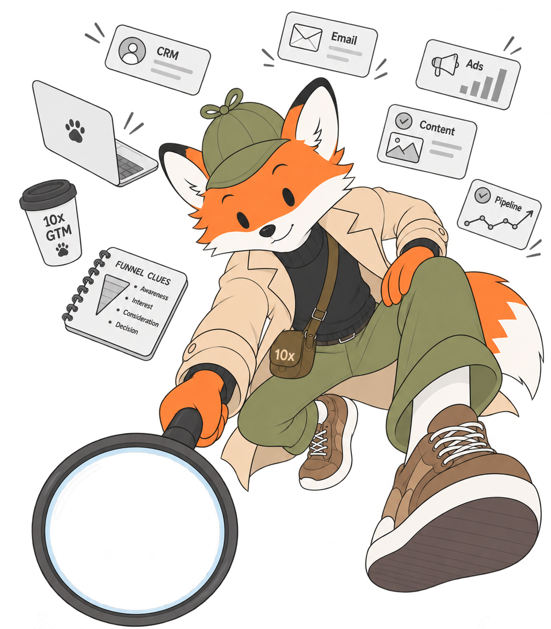 The 10x GTM detective fox inspecting a stream of marketing-tool logos through a magnifying glass.