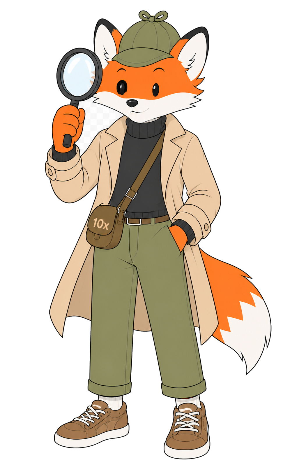 The 10x detective fox, magnifying glass raised, inspecting the full shelf of tools.